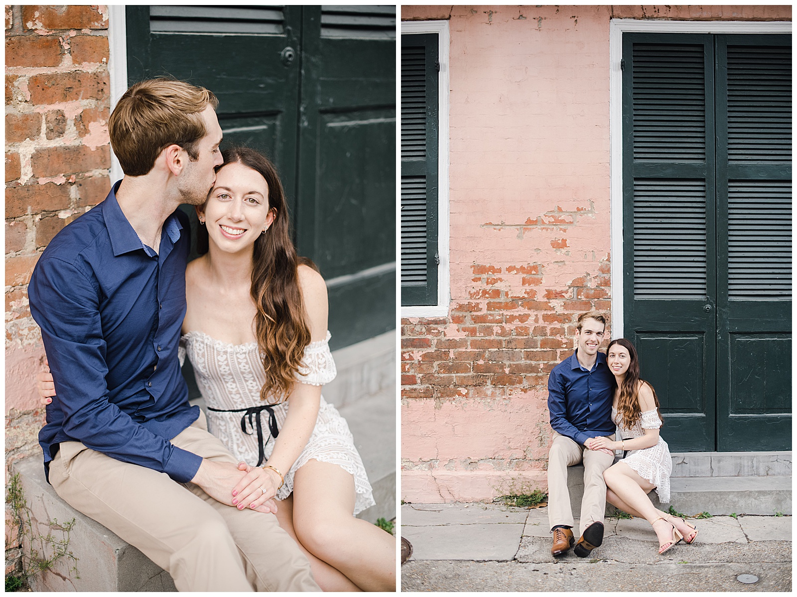 New Orleans Engagement Photos Chelsea Rousey Photography couple in love  sitting on stoop of pink house in the french quarter