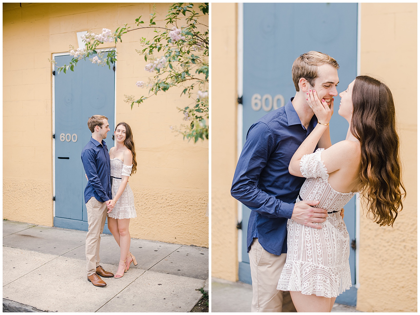 New Orleans Engagement Photos Chelsea Rousey Photography couple in love in front of blue door in the french quarter